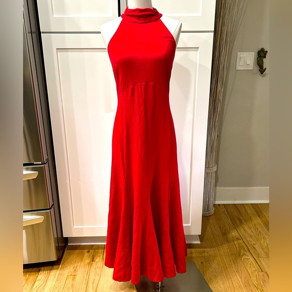 NWOT Anthropologie Red Halter Flounce MIDI Dress With Side Zip - Picture 1 of 11
